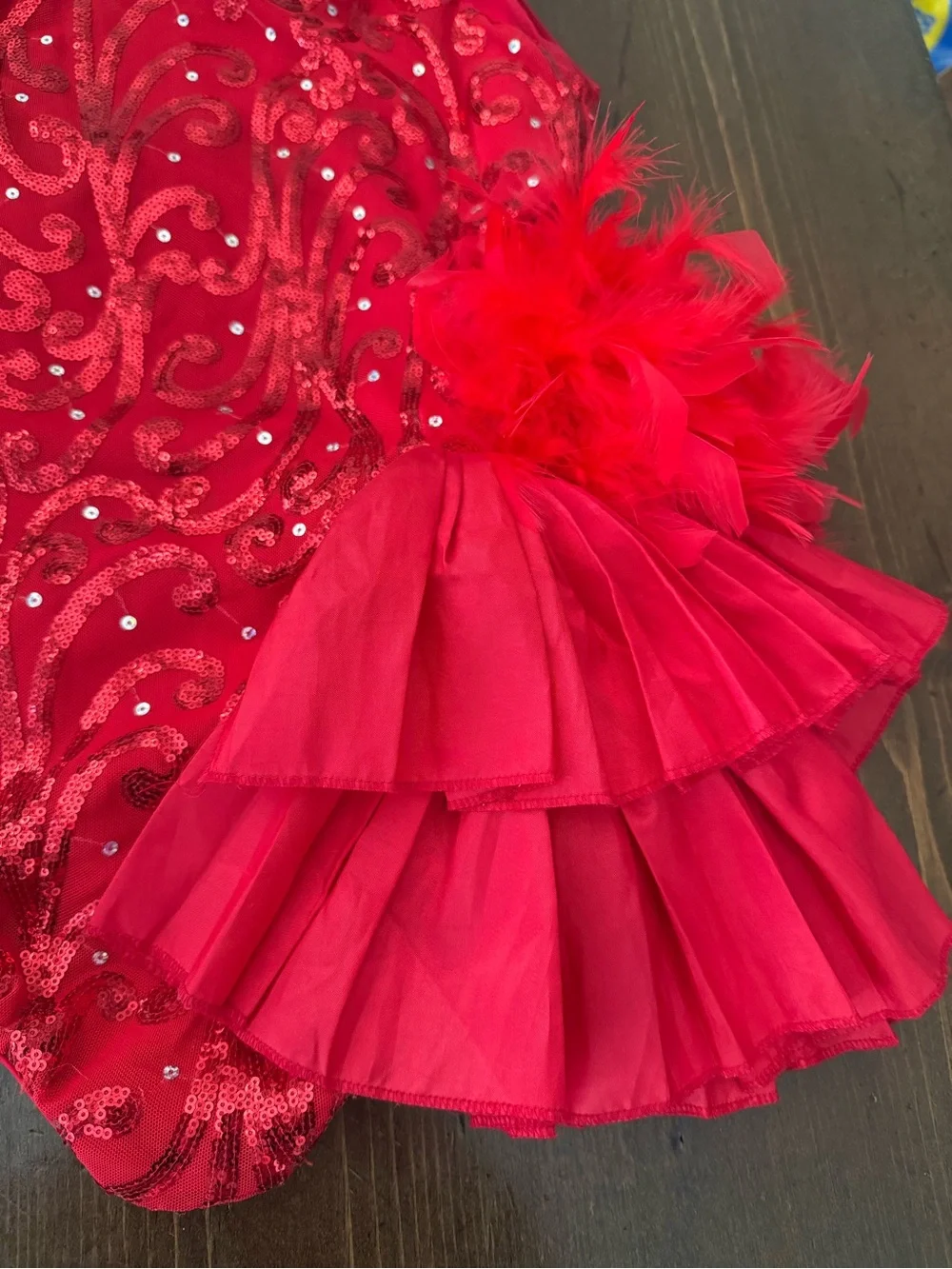 Weissman Red Sequin Ruffle Dance Costume with Feather Accent